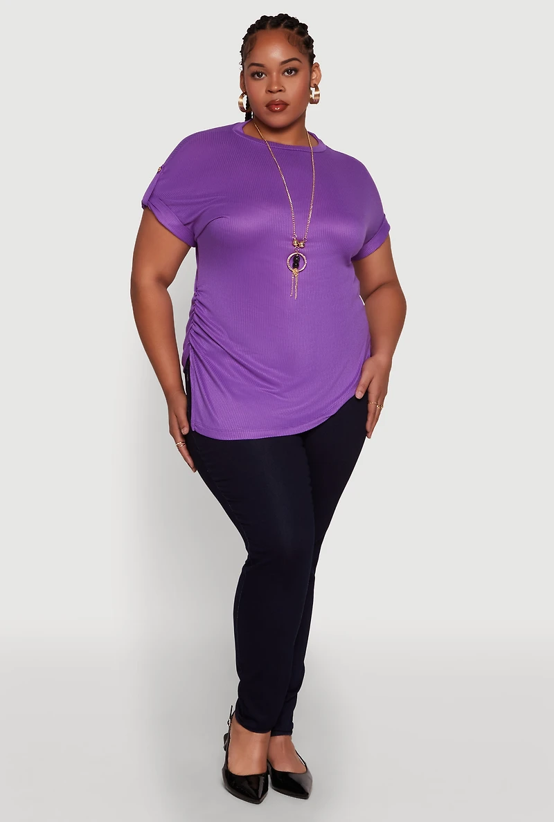 Womens Plus Size Stylish Ribbed Knit Top with Asymmetrical Design and Necklace, Purple, Size 3X