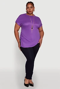 Womens Plus Size Stylish Ribbed Knit Top with Asymmetrical Design and Necklace, Purple, Size 3X
