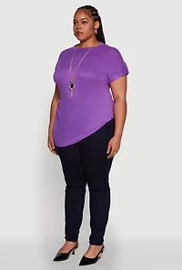 Womens Plus Size Stylish Ribbed Knit Top with Asymmetrical Design and Necklace, Purple, Size 3X