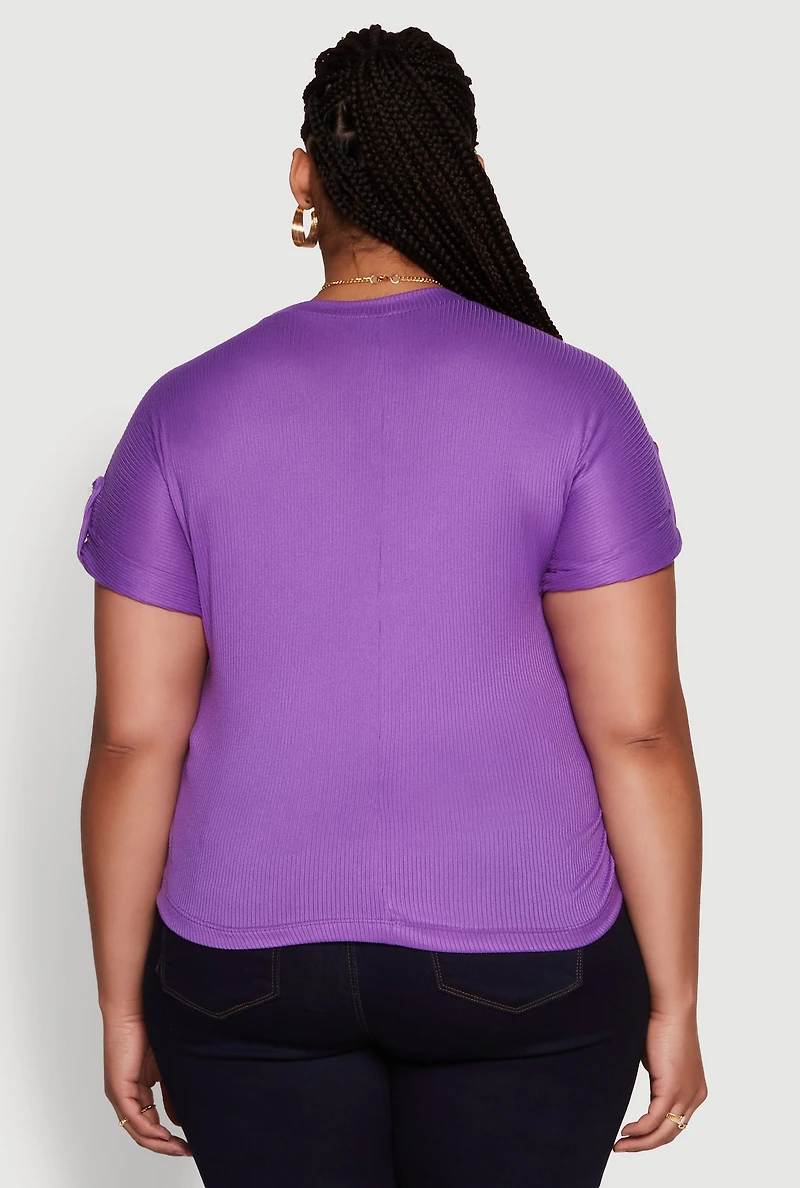 Womens Plus Size Stylish Ribbed Knit Top with Asymmetrical Design and Necklace, Purple, Size 3X