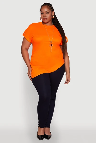 Womens Plus Size Stylish Ribbed Knit Top with Asymmetrical Design and Necklace, Orange, Size 4X