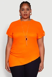 Womens Plus Size Stylish Ribbed Knit Top with Asymmetrical Design and Necklace, Orange, Size 4X