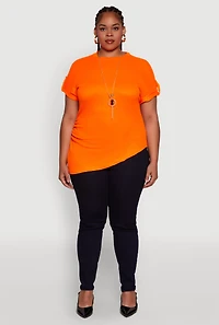 Womens Plus Size Stylish Ribbed Knit Top with Asymmetrical Design and Necklace, Orange, Size 4X