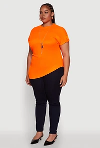 Womens Plus Size Stylish Ribbed Knit Top with Asymmetrical Design and Necklace, Orange, Size 4X