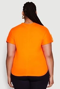 Womens Plus Size Stylish Ribbed Knit Top with Asymmetrical Design and Necklace, Orange, Size 4X