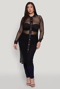 Womens Plus Size Fishnet Side Slit Maxi Top, Black, Size 4X