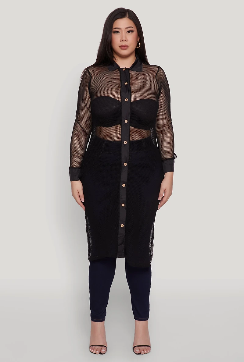 Womens Plus Size Fishnet Side Slit Maxi Top, Black, Size 1X