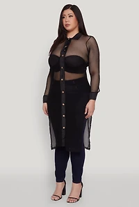 Womens Plus Size Fishnet Side Slit Maxi Top, Black, Size 4X