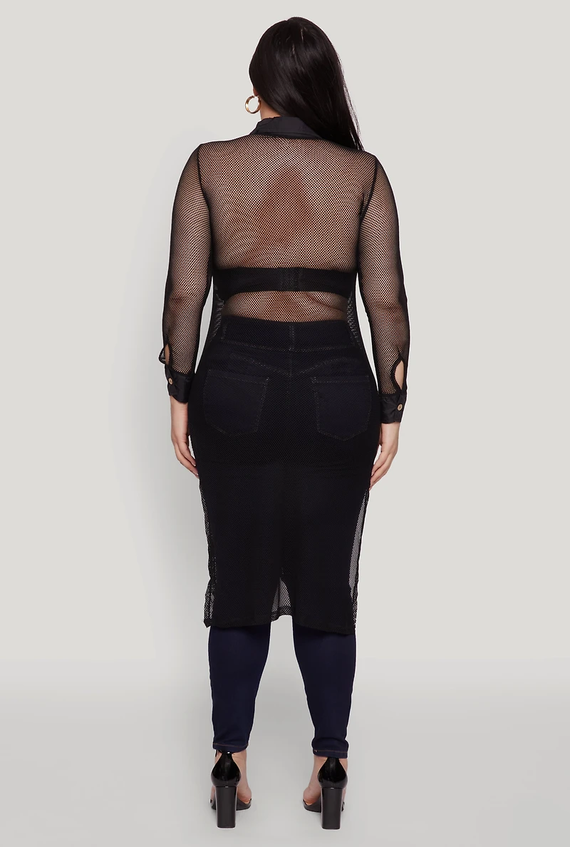 Womens Plus Size Fishnet Side Slit Maxi Top, Black, Size 1X