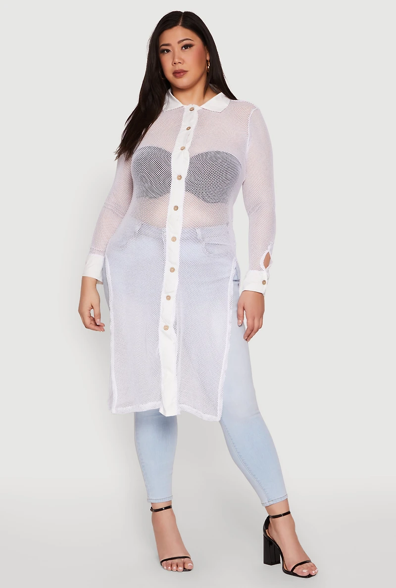 Womens Plus Size Fishnet Side Slit Maxi Top, White, Size 2X