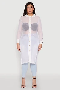 Womens Plus Size Fishnet Side Slit Maxi Top, White, Size 2X