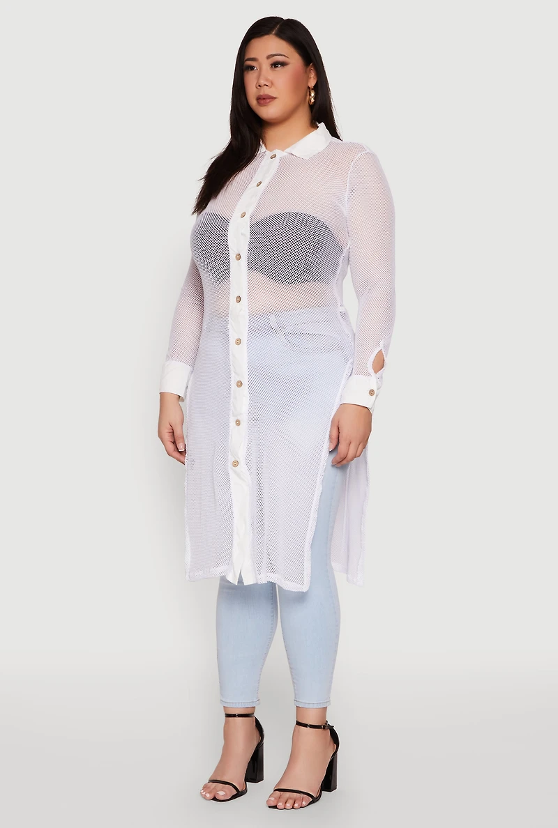 Womens Plus Size Fishnet Side Slit Maxi Top, White, Size 2X