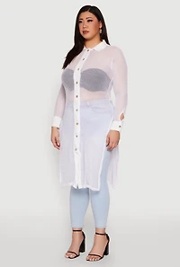 Womens Plus Size Fishnet Side Slit Maxi Top, White, Size 2X
