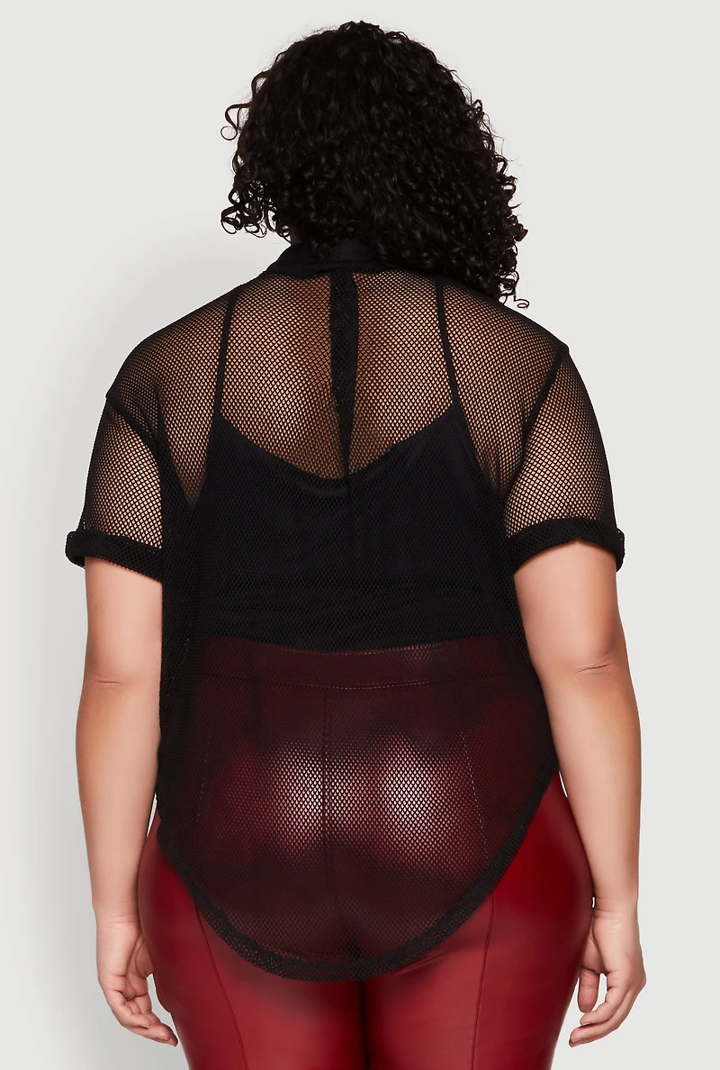 Plus Fishnet Short Sleeve Button Front Shirt