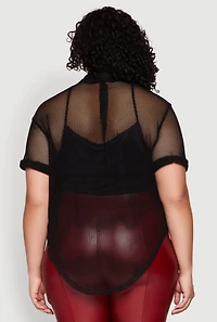 Plus Fishnet Short Sleeve Button Front Shirt