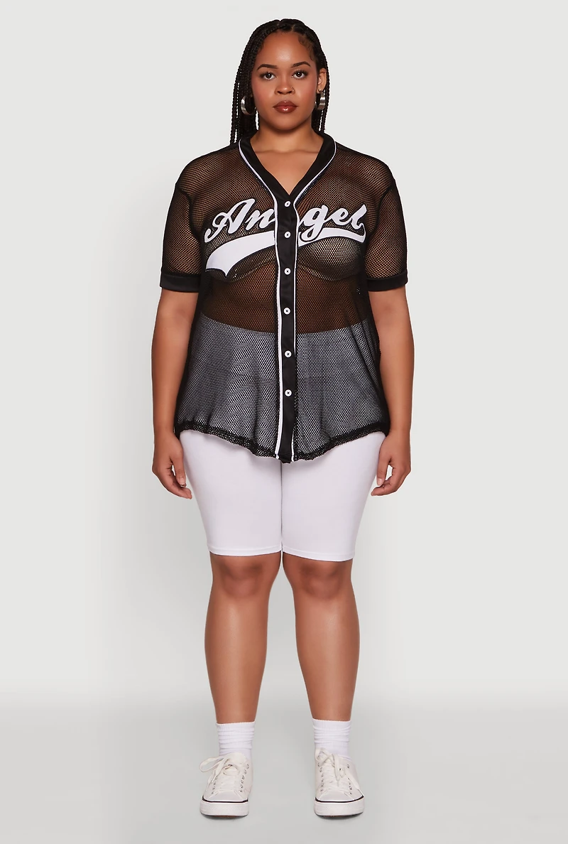 Womens Plus Angel Graphic Short Sleeve V Neck Baseball Shirt,
