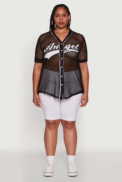 Womens Plus Angel Graphic Short Sleeve V Neck Baseball Shirt,