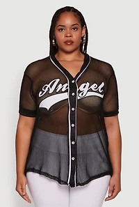 Womens Plus Angel Graphic Short Sleeve V Neck Baseball Shirt,