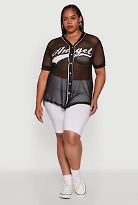 Womens Plus Angel Graphic Short Sleeve V Neck Baseball Shirt,