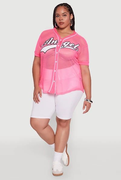Womens Plus Angel Graphic Short Sleeve V Neck Baseball Shirt,
