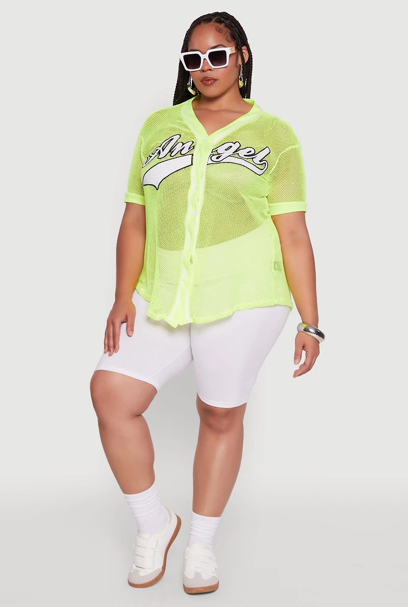Plus Angel Graphic Short Sleeve V Neck Baseball Shirt