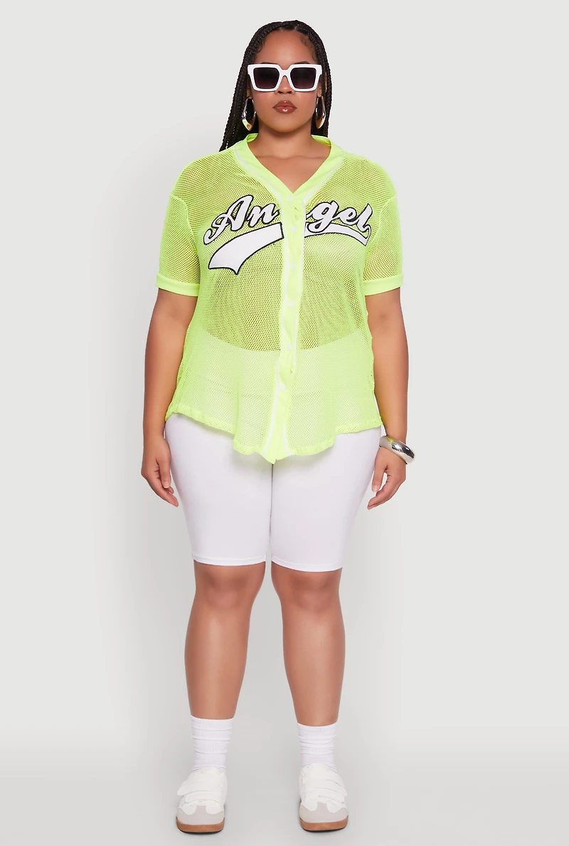 Womens Plus Size Angel Graphic Short Sleeve V Neck Baseball Shirt, Yellow, Size 2X