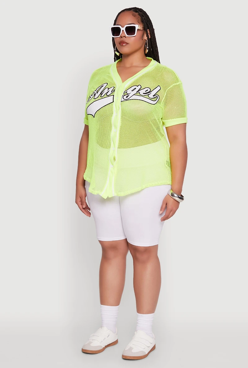 Womens Plus Size Angel Graphic Short Sleeve V Neck Baseball Shirt, Yellow, Size 2X