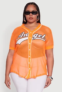 Womens Plus Angel Graphic Short Sleeve V Neck Baseball Shirt,