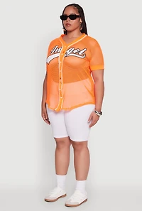 Womens Plus Angel Graphic Short Sleeve V Neck Baseball Shirt,