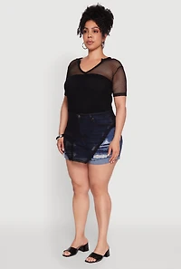 Womens Plus Stylish Fishnet Hanky Hem Blouse,