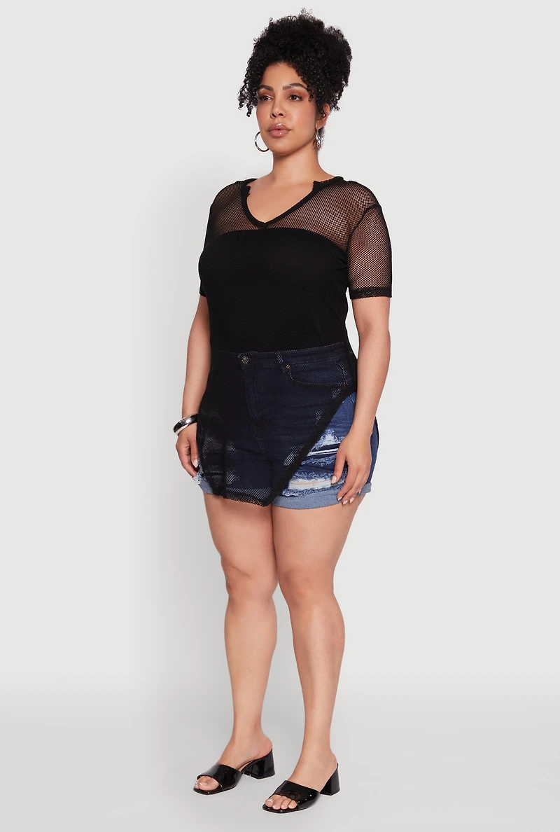 Plus Stylish Fishnet Hanky Hem Blouse