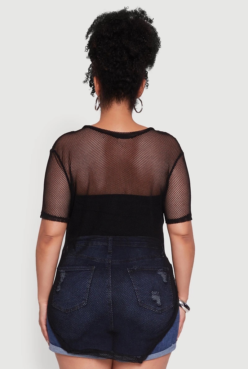 Womens Plus Size Stylish Fishnet Hanky Hem Blouse, Black, Size 2X