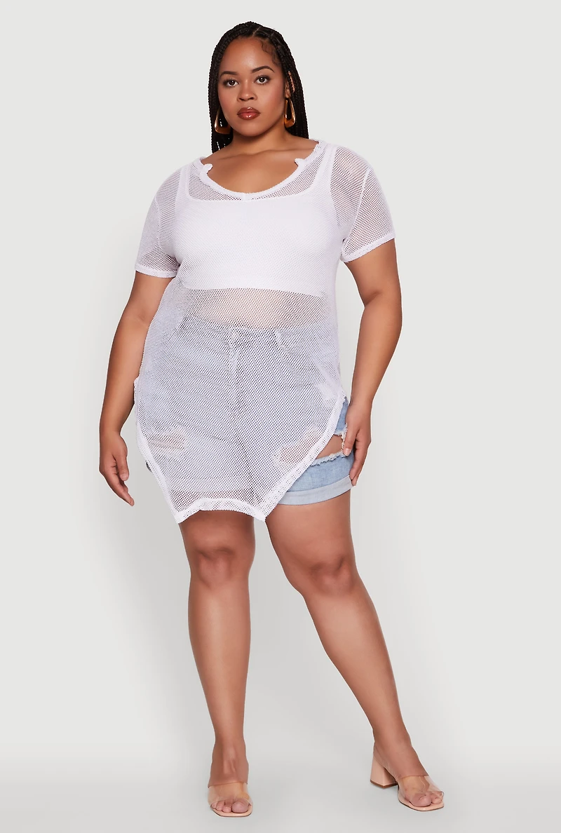 Womens Plus Stylish Fishnet Hanky Hem Blouse, 1X