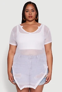 Womens Plus Stylish Fishnet Hanky Hem Blouse, 1X