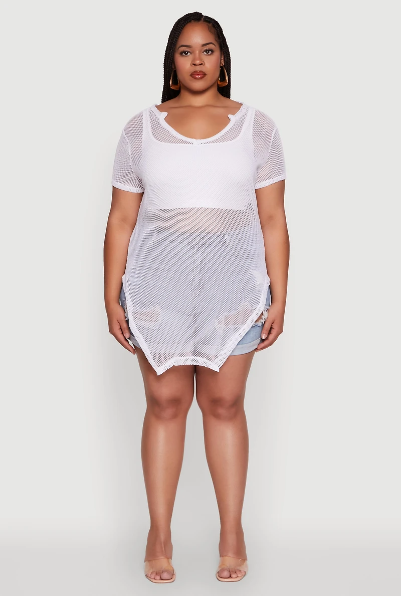 Womens Plus Stylish Fishnet Hanky Hem Blouse, 1X