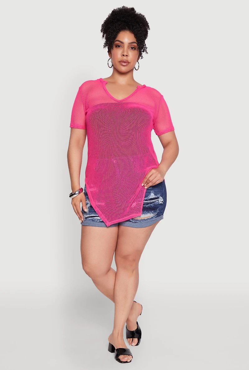 Womens Plus Size Stylish Fishnet Hanky Hem Blouse, Pink, Size 1X