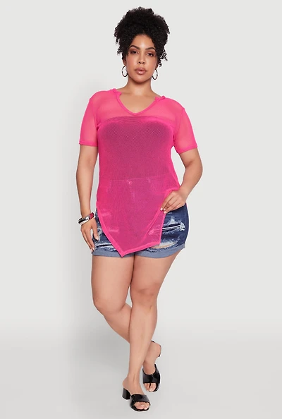 Womens Plus Size Stylish Fishnet Hanky Hem Blouse, Pink, Size 1X