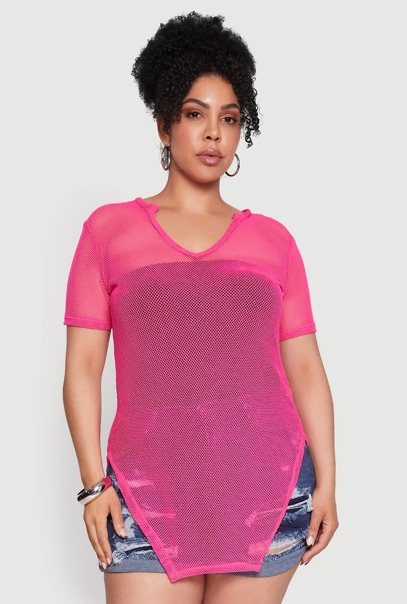 Womens Plus Size Stylish Fishnet Hanky Hem Blouse, Pink, Size 1X