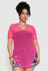 Womens Plus Size Stylish Fishnet Hanky Hem Blouse, Pink, Size 1X