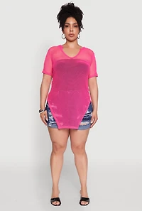 Womens Plus Size Stylish Fishnet Hanky Hem Blouse, Pink, Size 1X