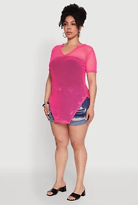 Womens Plus Size Stylish Fishnet Hanky Hem Blouse, Pink, Size 1X