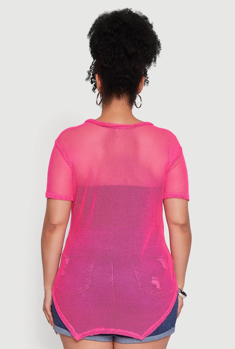 Womens Plus Size Stylish Fishnet Hanky Hem Blouse, Pink, Size 1X