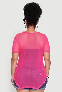 Womens Plus Size Stylish Fishnet Hanky Hem Blouse, Pink, Size 1X