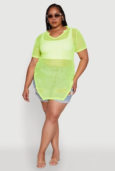 Plus Stylish Fishnet Hanky Hem Blouse