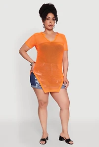 Womens Plus Stylish Fishnet Hanky Hem Blouse,