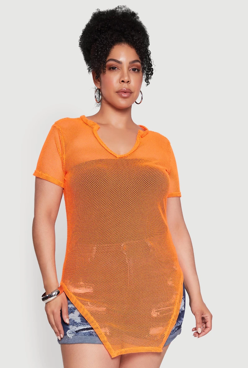 Womens Plus Stylish Fishnet Hanky Hem Blouse,