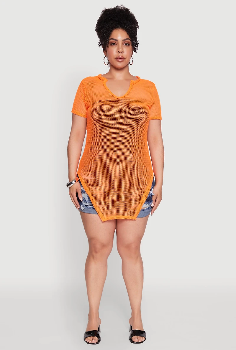 Womens Plus Stylish Fishnet Hanky Hem Blouse,