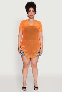 Womens Plus Stylish Fishnet Hanky Hem Blouse,
