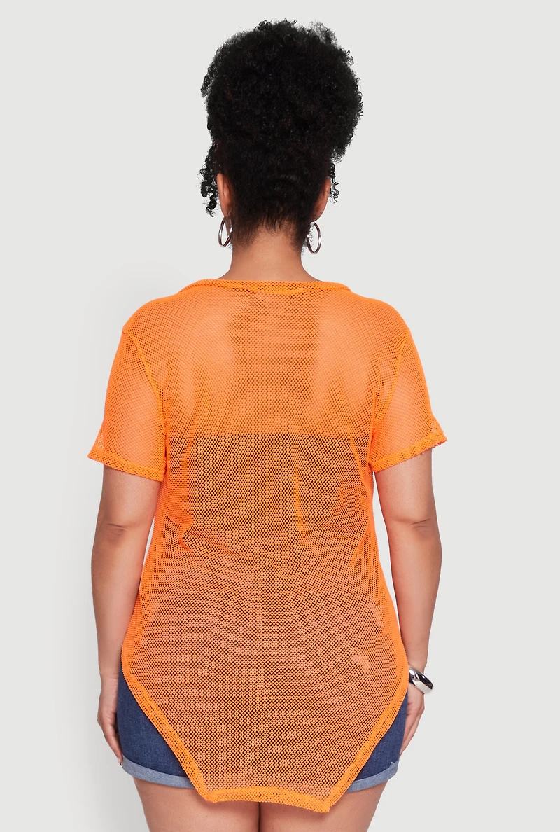 Womens Plus Stylish Fishnet Hanky Hem Blouse,