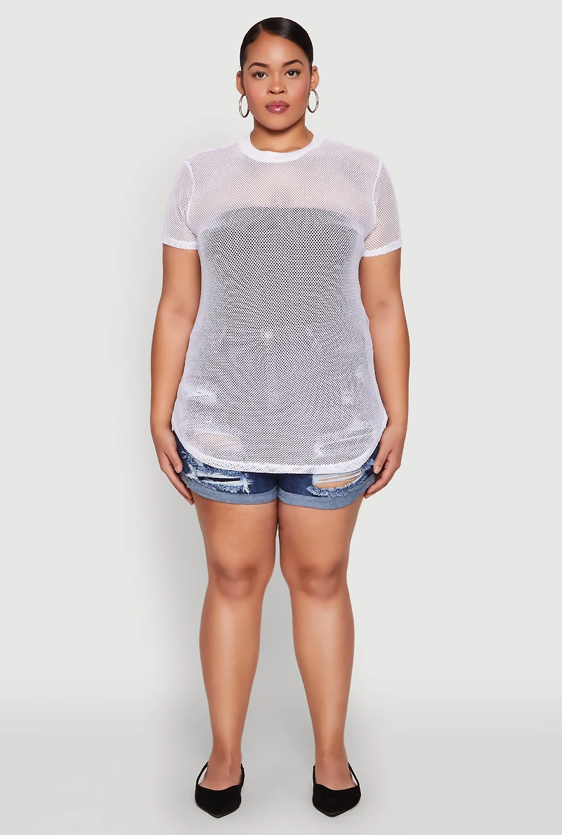 Womens Plus Size Fishnet Short Sleeve Top, White, Size 1X